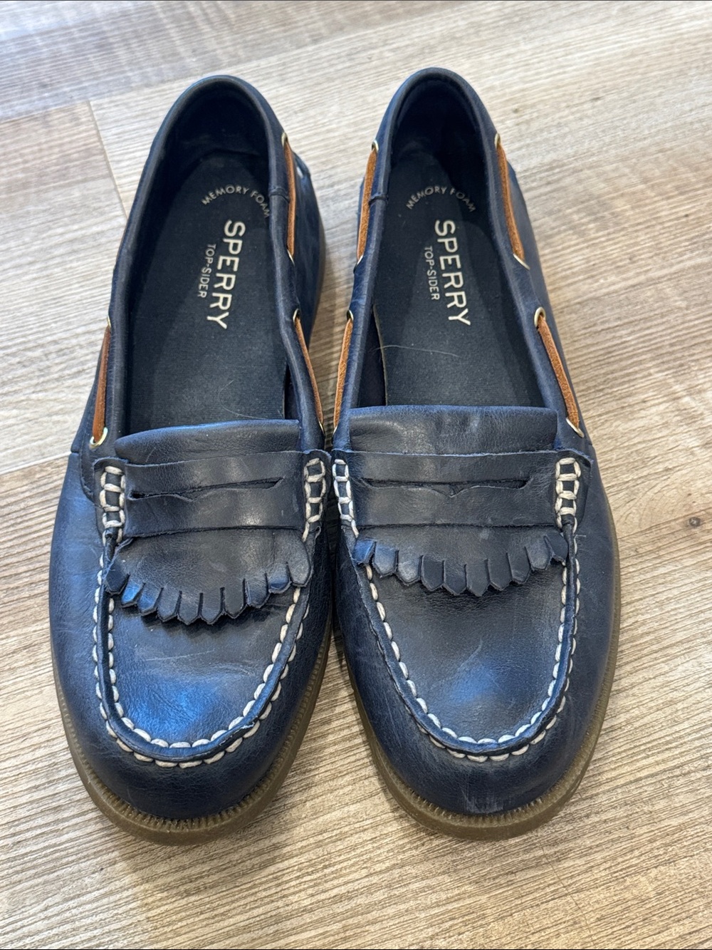 Sperry Navy Leather Kiltie Penny Loafers Brown Accents Top Siders Boat Shoes
